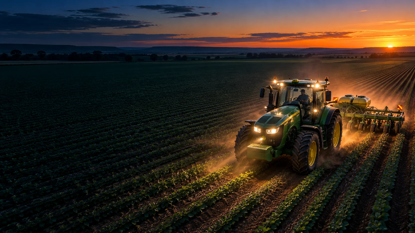 Trator trabalhando nas linhas de cultivo de uma propriedade rural